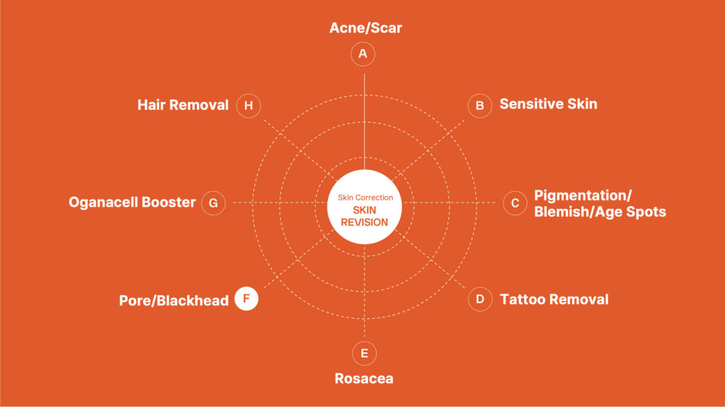 Comprehensive Skin Care Treatments Diagram - Acne, Scars, Sensitive Skin, Pigmentation, Tattoo Removal, Rosacea, Pore Blackheads, Oganacell Booster, Hair Removal